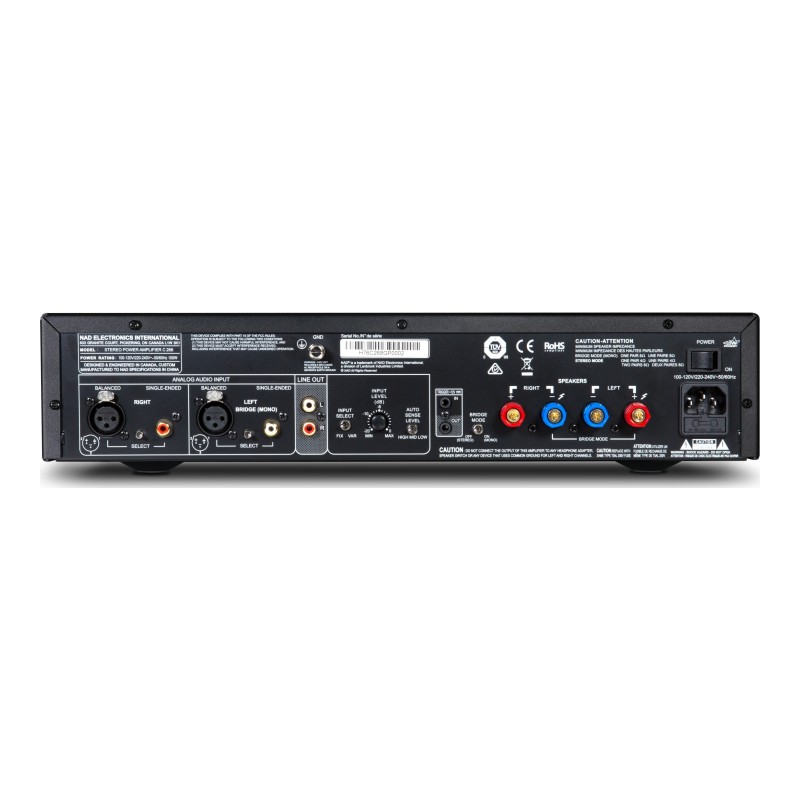 NAD C268 panel trasero con entradas XLR y RCA y bornes de altavoz